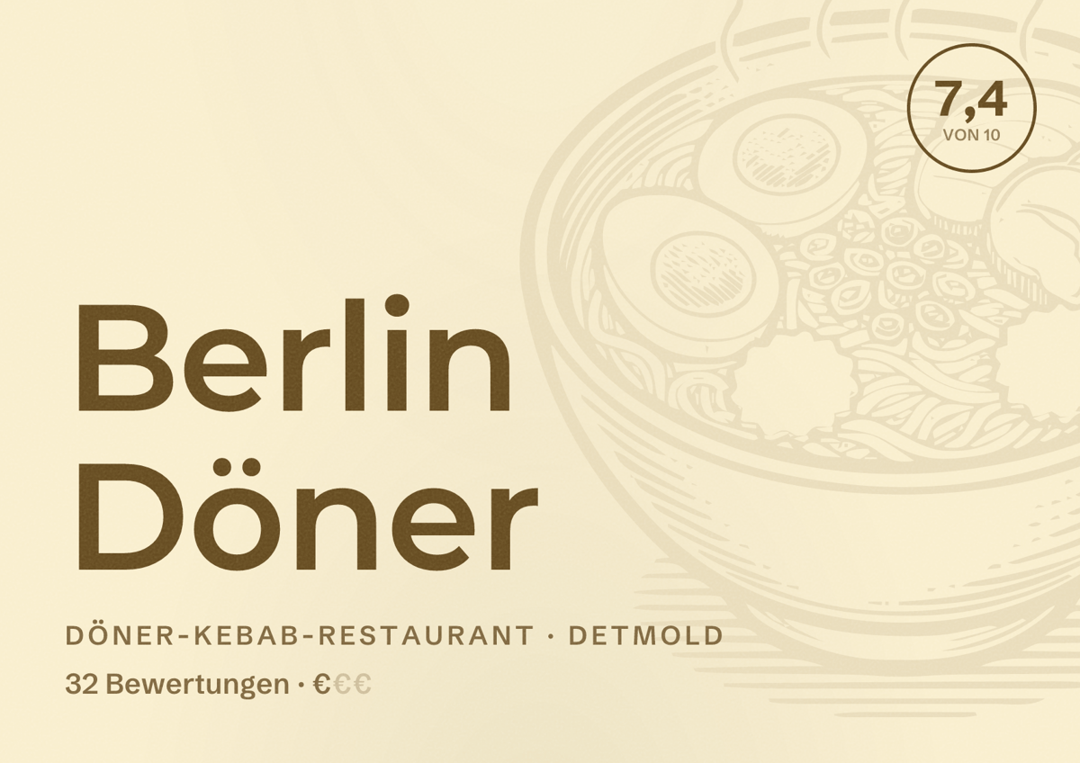 Illustriertes Poster von Berlin Döner, Döner-Kebab-Restaurant in Detmold: Bewertung 7,4 von 10 aus 32 Bewertungen, Preisniveau €