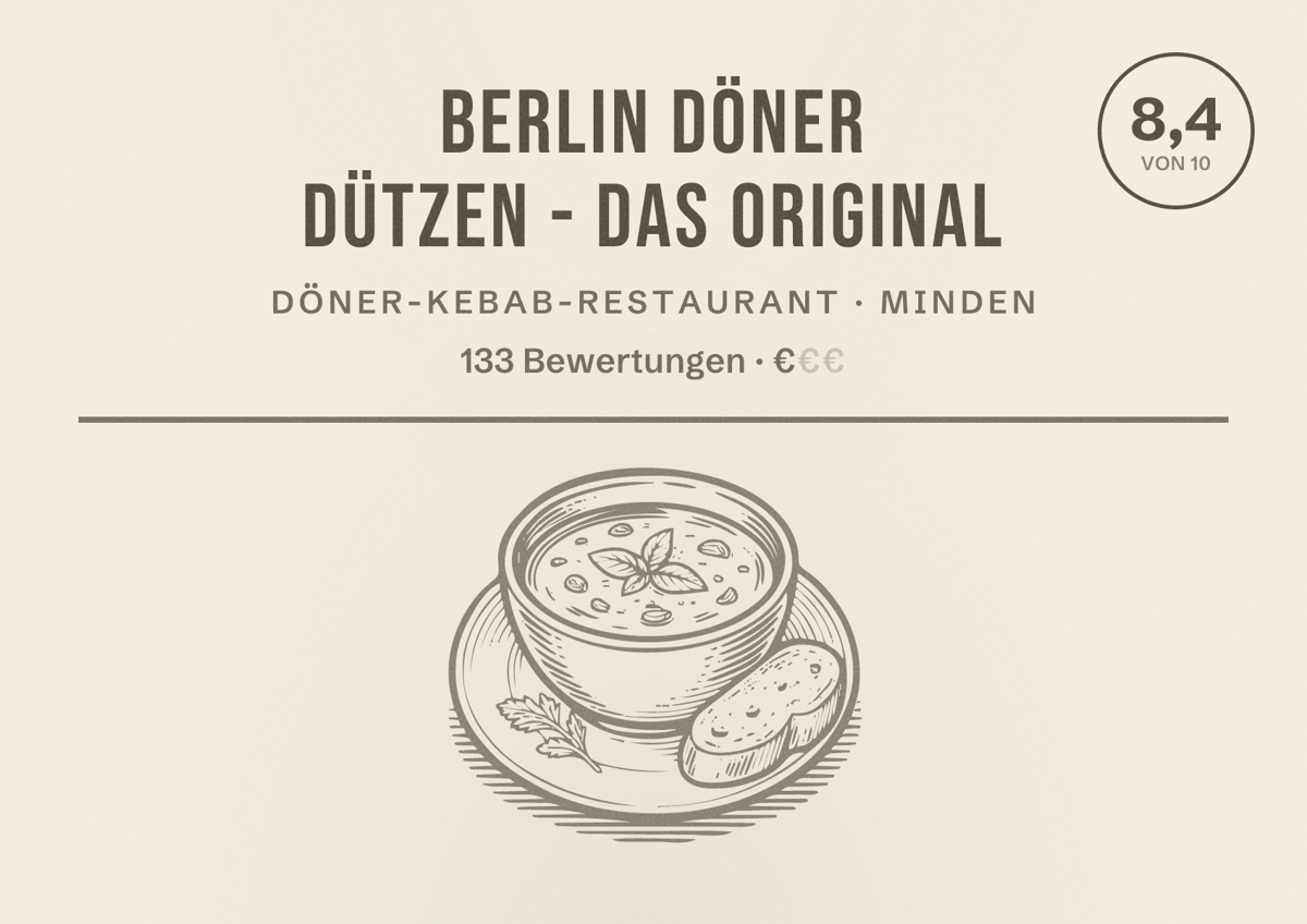Illustriertes Poster von Berlin Döner Dützen - das Original, Döner-Kebab-Restaurant in Minden: Bewertung 8,4 von 10 aus 133 Bewertungen, Preisniveau €