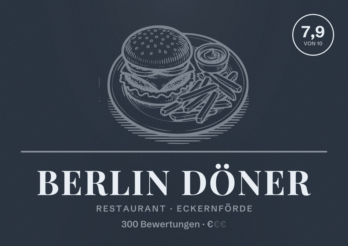 Illustriertes Poster von Berlin Döner, Restaurant in Eckernförde: Bewertung 7,9 von 10 aus 300 Bewertungen, Preisniveau €