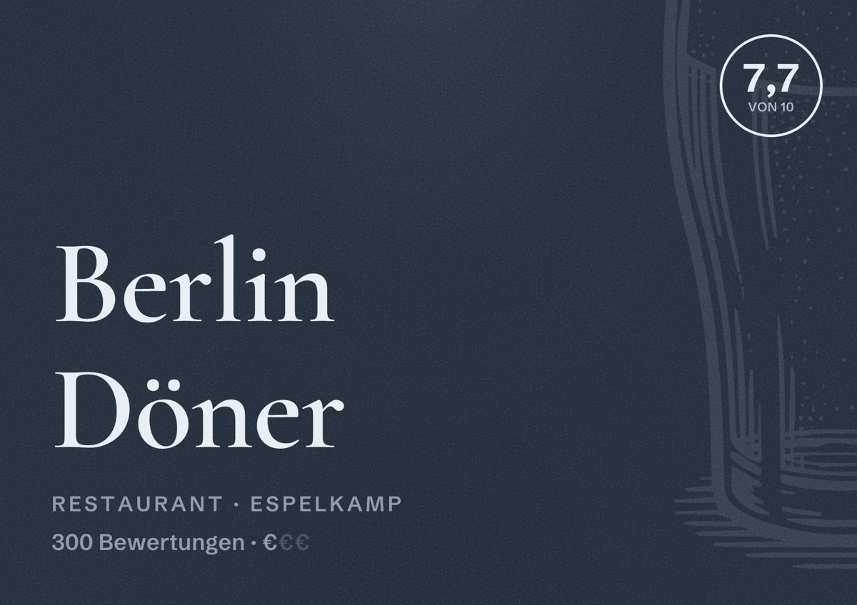 Illustriertes Poster von Berlin Döner, Restaurant in Espelkamp: Bewertung 7,7 von 10 aus 300 Bewertungen, Preisniveau €
