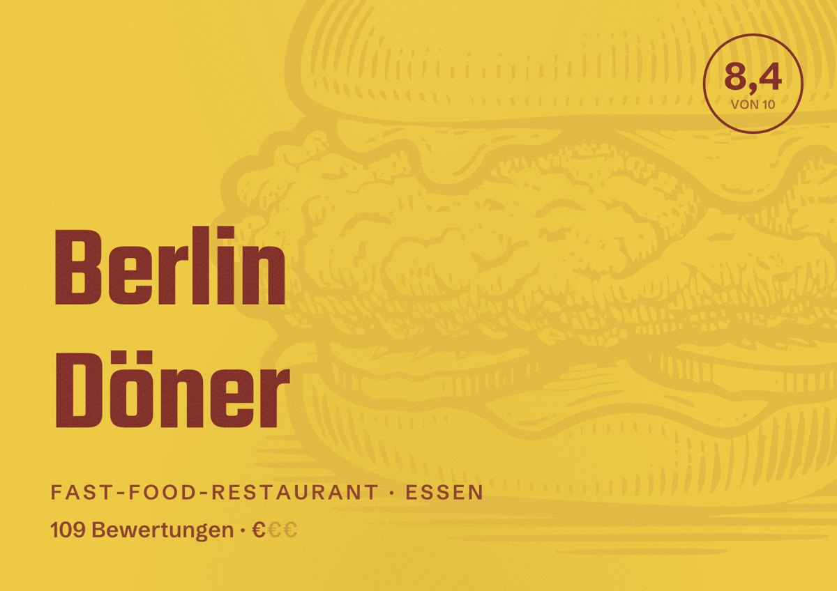 Illustriertes Poster von Berlin Döner, Fast-Food-Restaurant in Essen: Bewertung 8,4 von 10 aus 109 Bewertungen, Preisniveau €