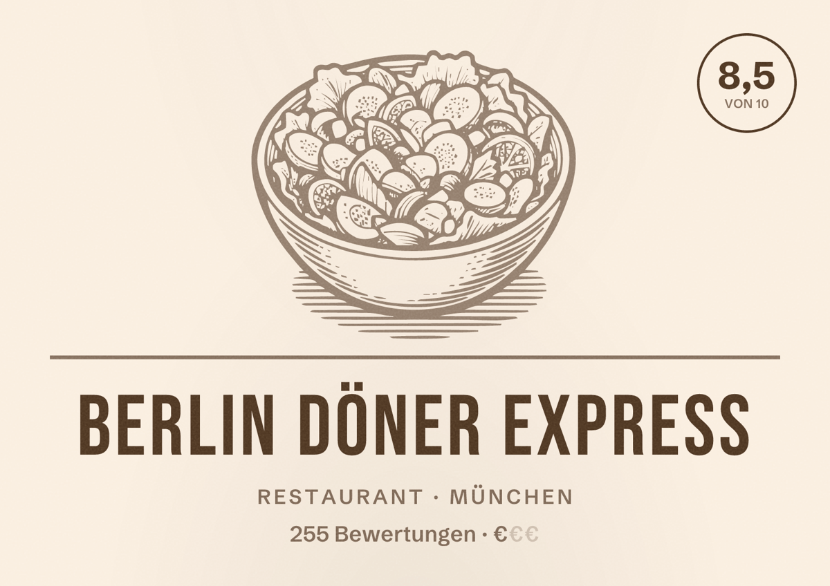 Illustriertes Poster von Berlin Döner EXPRESS, Restaurant in München: Bewertung 8,5 von 10 aus 255 Bewertungen, Preisniveau €