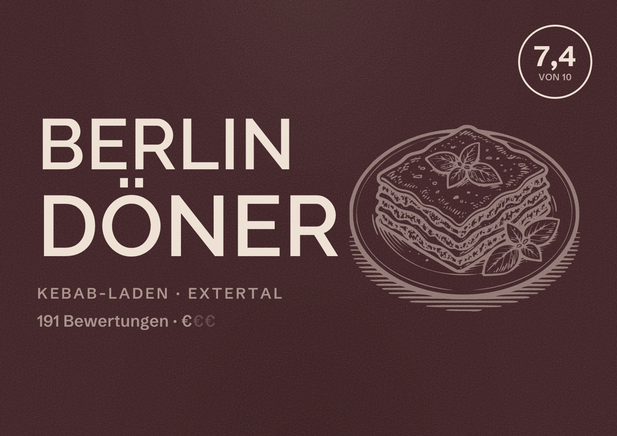 Illustriertes Poster von Berlin Döner, Kebab-Laden in Extertal: Bewertung 7,4 von 10 aus 191 Bewertungen, Preisniveau €