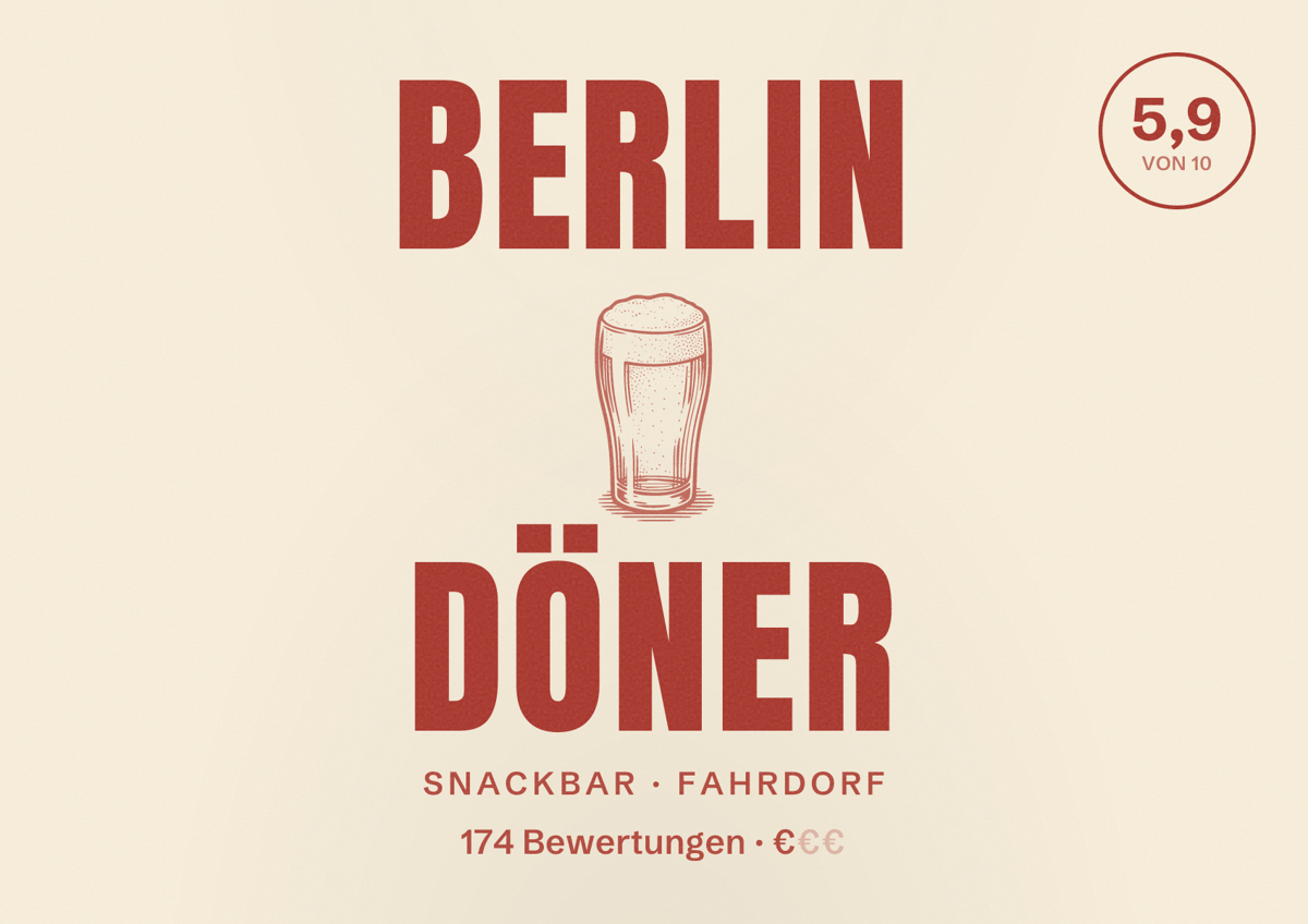 Illustriertes Poster von Berlin Döner, Snackbar in Fahrdorf: Bewertung 5,9 von 10 aus 174 Bewertungen, Preisniveau €