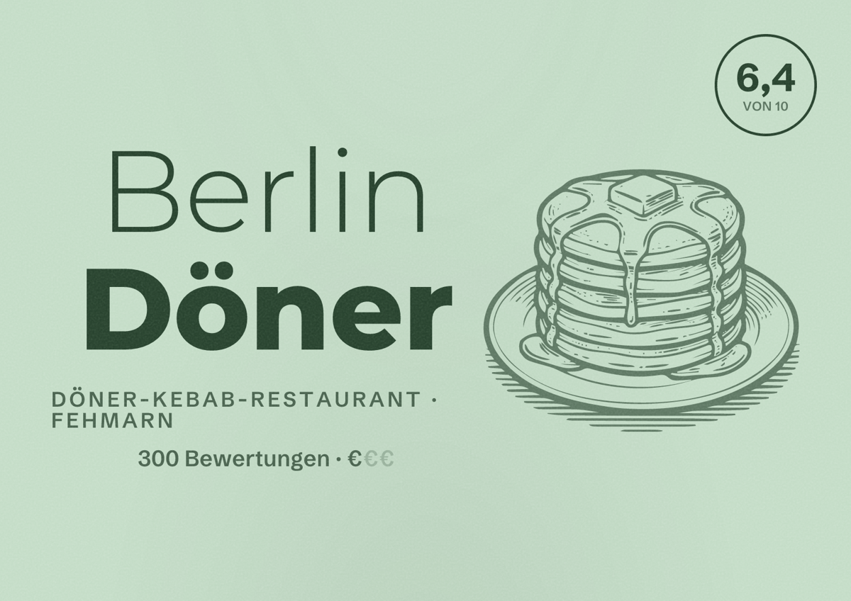 Illustriertes Poster von Berlin Döner, Döner-Kebab-Restaurant in Fehmarn: Bewertung 6,4 von 10 aus 300 Bewertungen, Preisniveau €
