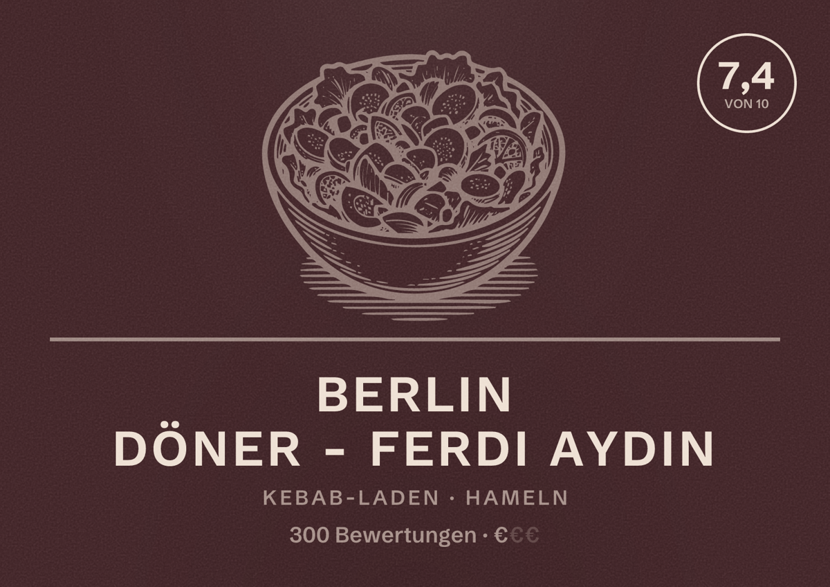 Illustriertes Poster von Berlin Döner - Ferdi Aydin, Kebab-Laden in Hameln: Bewertung 7,4 von 10 aus 300 Bewertungen, Preisniveau €