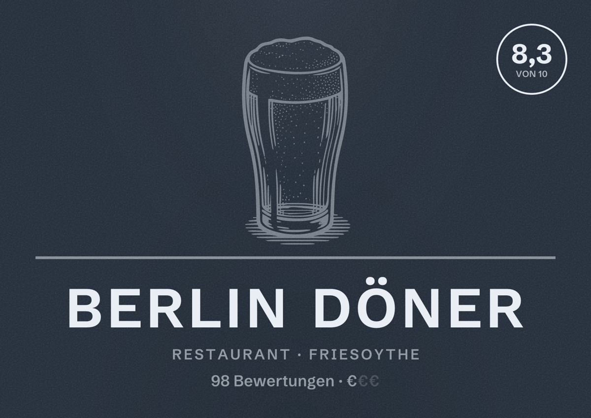 Illustriertes Poster von Berlin Döner, Restaurant in Friesoythe: Bewertung 8,3 von 10 aus 98 Bewertungen, Preisniveau €