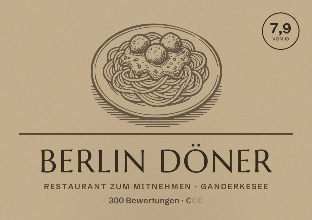 Illustriertes Poster von Berlin Döner, Restaurant zum Mitnehmen in Ganderkesee: Bewertung 7,9 von 10 aus 300 Bewertungen, Preisniveau €