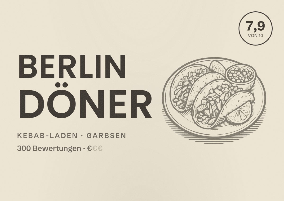 Illustriertes Poster von Berlin Döner, Kebab-Laden in Garbsen: Bewertung 7,9 von 10 aus 300 Bewertungen, Preisniveau €