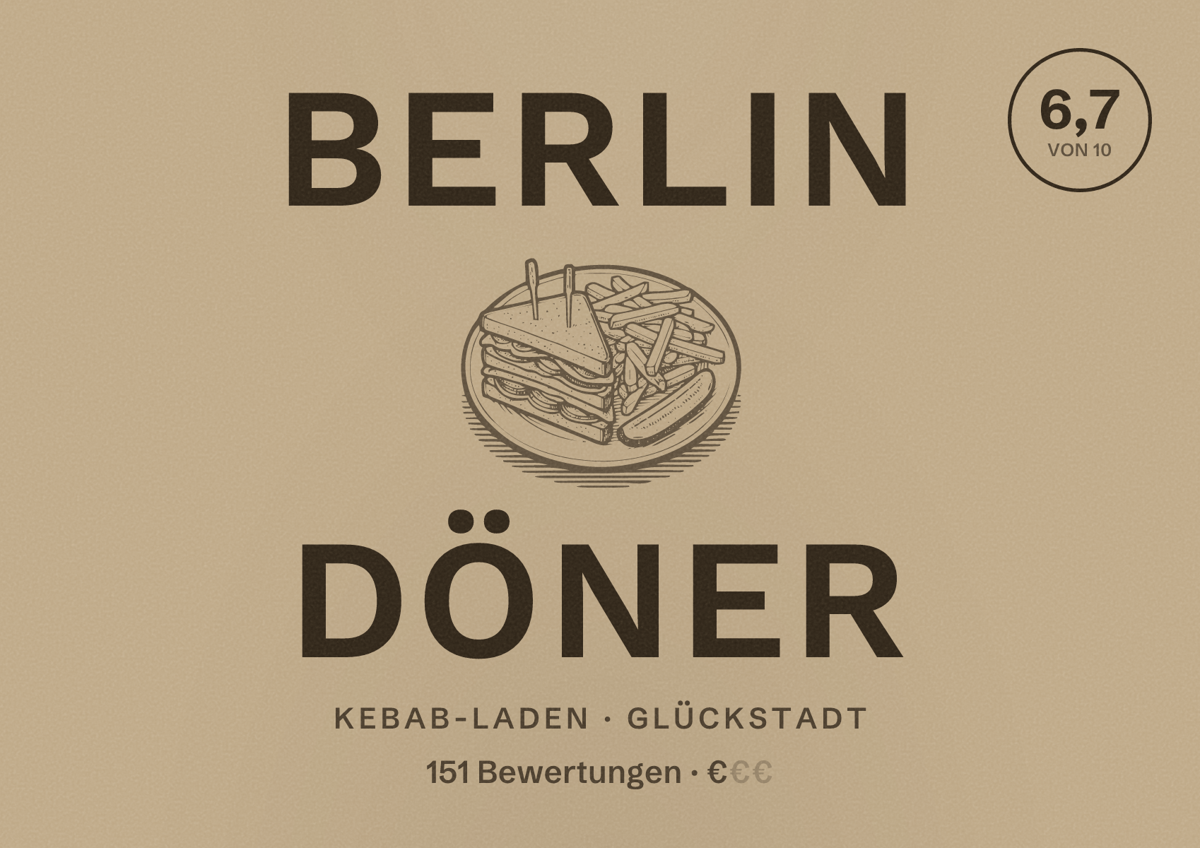 Illustriertes Poster von Berlin Döner, Kebab-Laden in Glückstadt: Bewertung 6,7 von 10 aus 151 Bewertungen, Preisniveau €