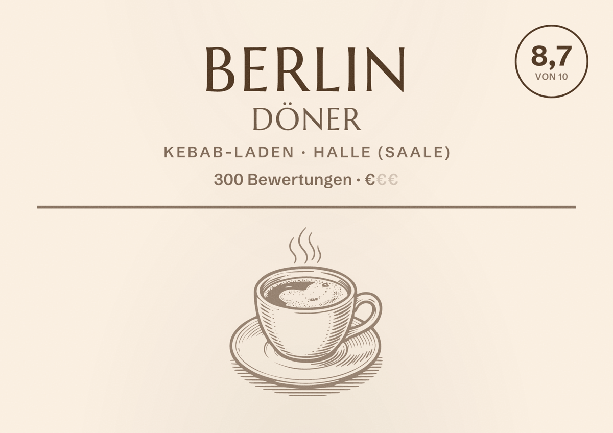 Illustriertes Poster von Berlin Döner, Kebab-Laden in Halle (Saale): Bewertung 8,7 von 10 aus 300 Bewertungen, Preisniveau €