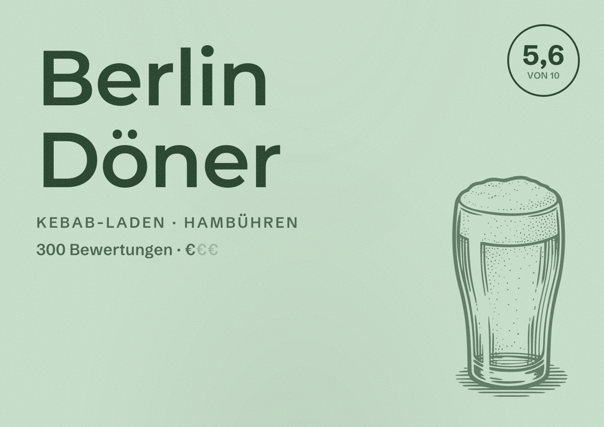 Illustriertes Poster von Berlin Döner, Kebab-Laden in Hambühren: Bewertung 5,6 von 10 aus 300 Bewertungen, Preisniveau €