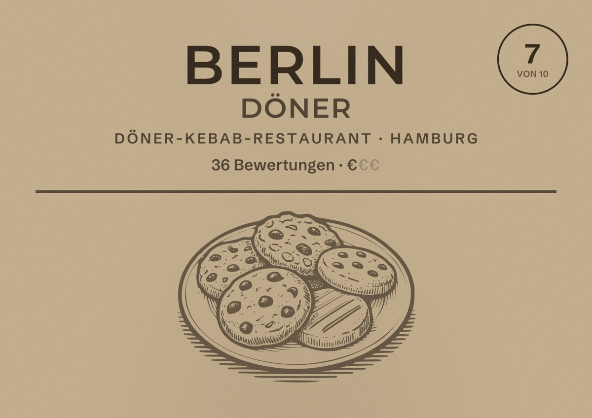 Illustriertes Poster von Berlin Döner, Döner-Kebab-Restaurant in Hamburg: Bewertung 7 von 10 aus 36 Bewertungen, Preisniveau €