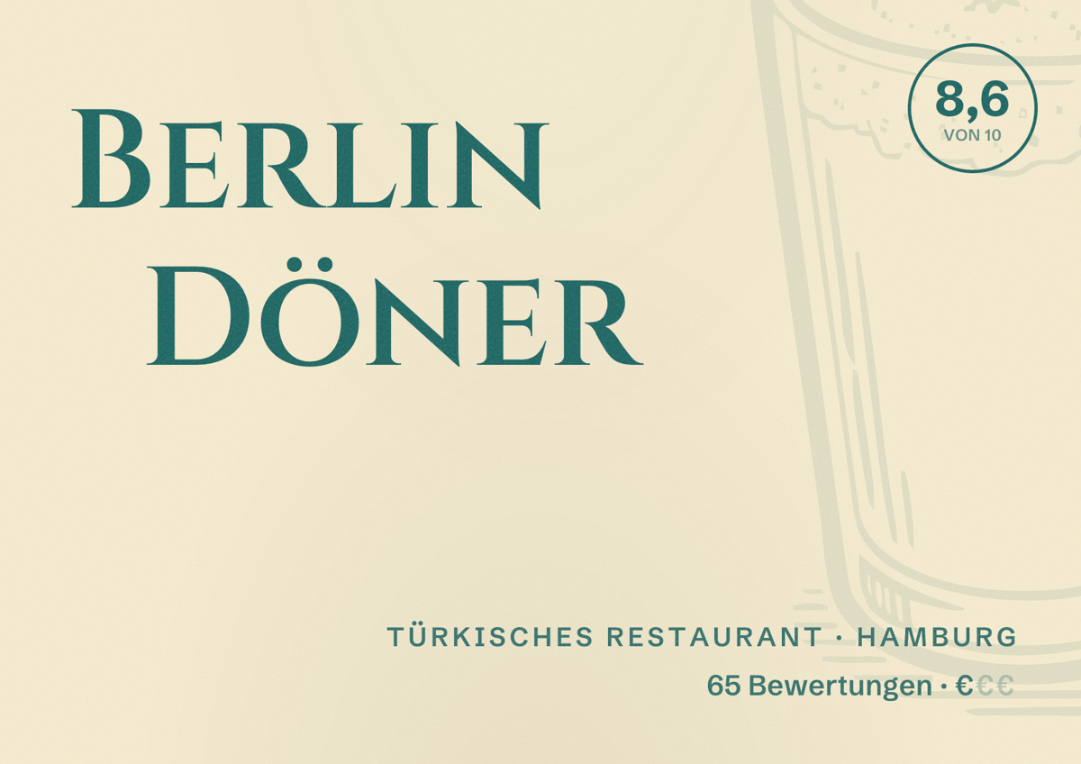 Illustriertes Poster von Berlin Döner, Türkisches Restaurant in Hamburg: Bewertung 8,6 von 10 aus 65 Bewertungen, Preisniveau €