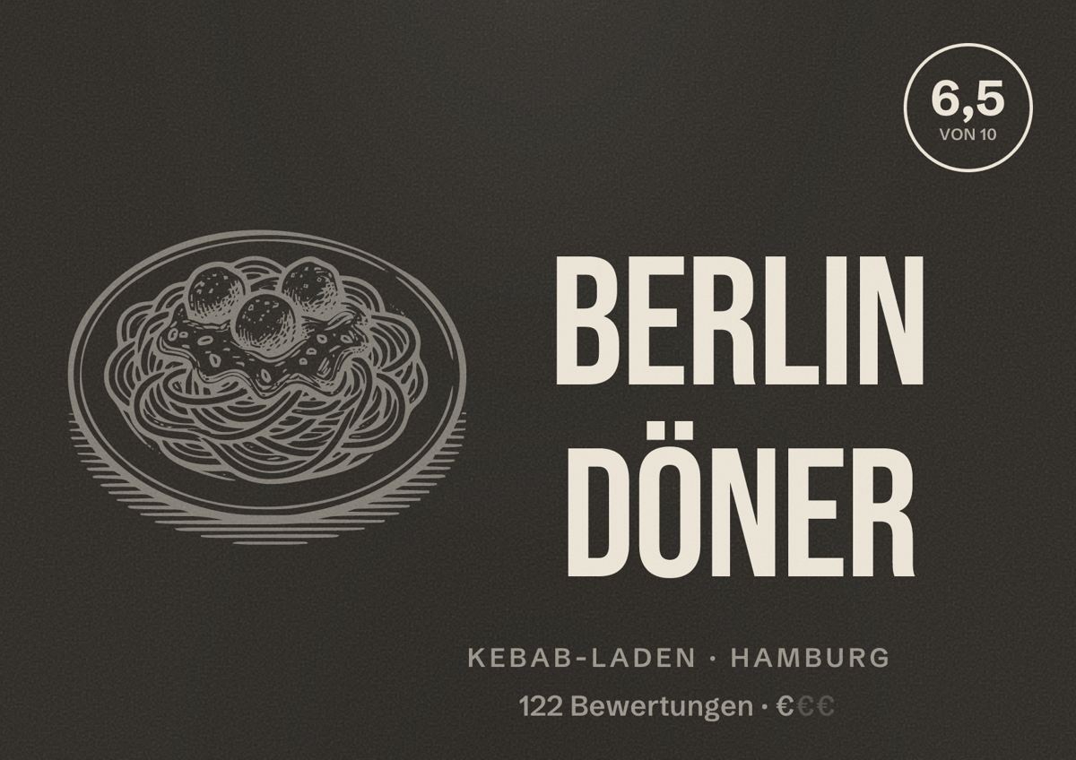 Illustriertes Poster von Berlin döner, Kebab-Laden in Hamburg: Bewertung 6,5 von 10 aus 122 Bewertungen, Preisniveau €