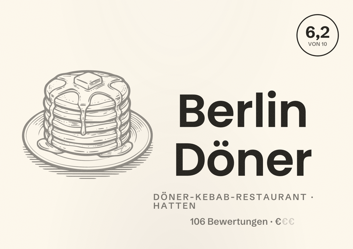 Illustriertes Poster von Berlin Döner, Döner-Kebab-Restaurant in Hatten: Bewertung 6,2 von 10 aus 106 Bewertungen, Preisniveau €