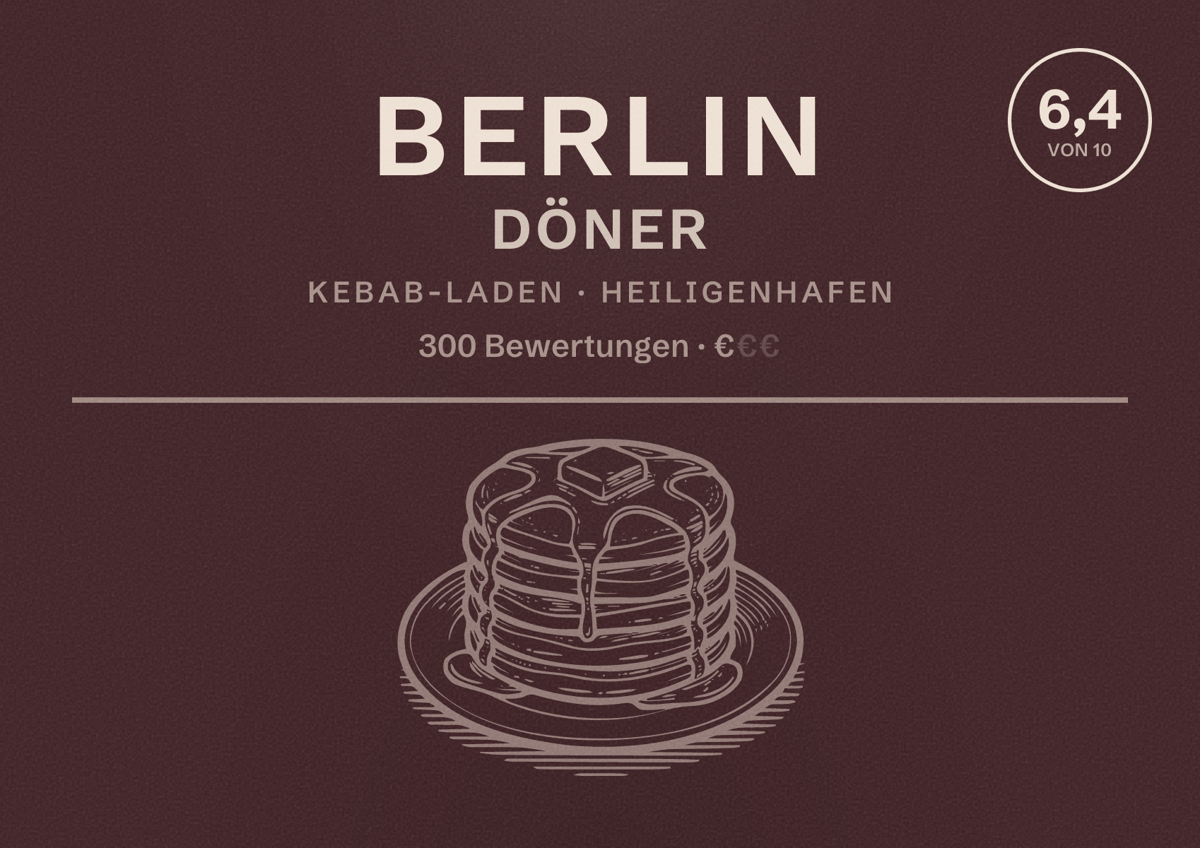 Illustriertes Poster von Berlin Döner, Kebab-Laden in Heiligenhafen: Bewertung 6,4 von 10 aus 300 Bewertungen, Preisniveau €