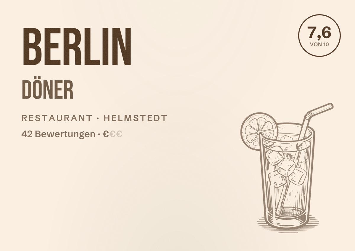 Illustriertes Poster von Berlin Döner, Restaurant in Helmstedt: Bewertung 7,6 von 10 aus 42 Bewertungen, Preisniveau €