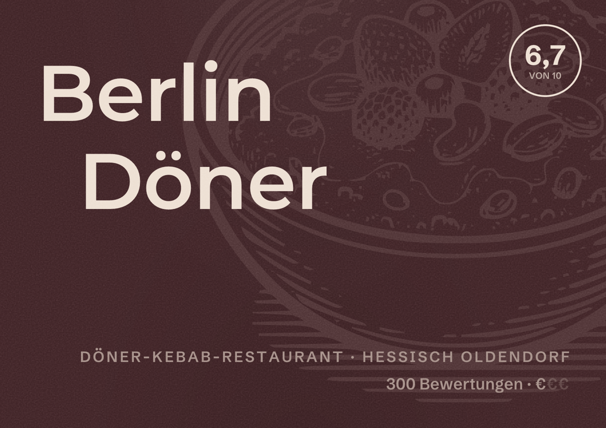 Illustriertes Poster von Berlin Döner, Döner-Kebab-Restaurant in Hessisch Oldendorf: Bewertung 6,7 von 10 aus 300 Bewertungen, Preisniveau €