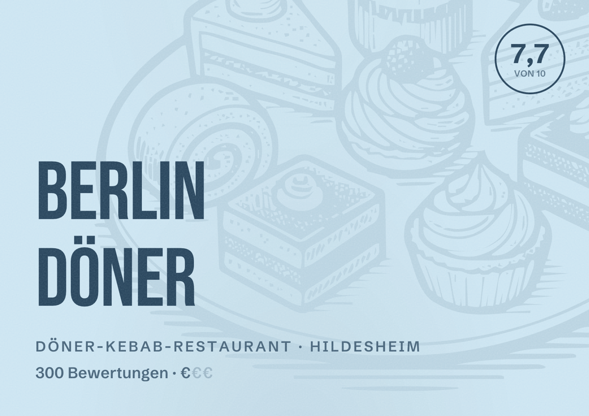 Illustriertes Poster von Berlin Döner, Döner-Kebab-Restaurant in Hildesheim: Bewertung 7,7 von 10 aus 300 Bewertungen, Preisniveau €
