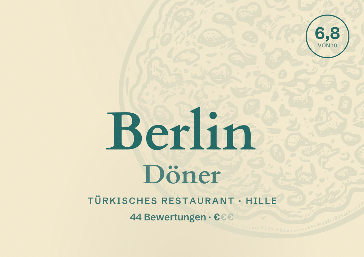 Illustriertes Poster von Berlin Döner, Türkisches Restaurant in Hille: Bewertung 6,8 von 10 aus 44 Bewertungen, Preisniveau €