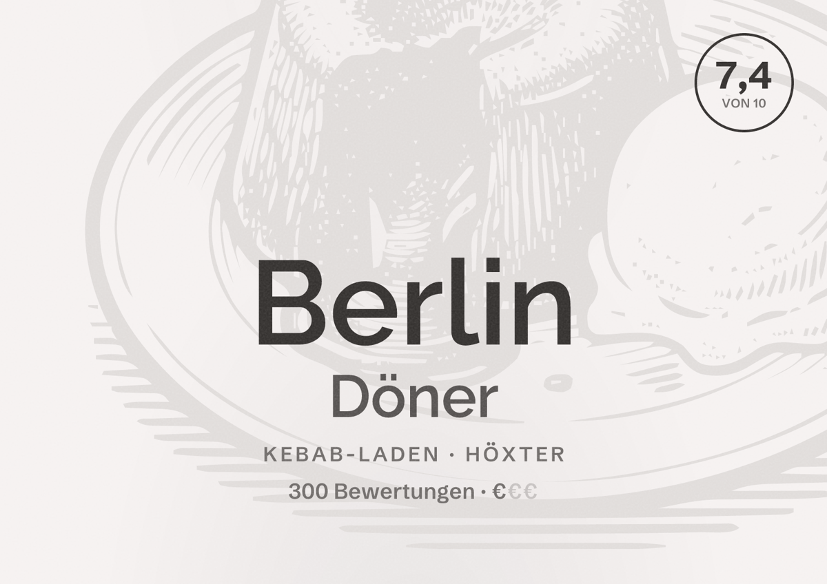 Illustriertes Poster von Berlin Döner, Kebab-Laden in Höxter: Bewertung 7,4 von 10 aus 300 Bewertungen, Preisniveau €