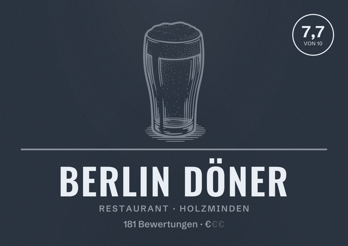 Illustriertes Poster von Berlin Döner, Restaurant in Holzminden: Bewertung 7,7 von 10 aus 181 Bewertungen, Preisniveau €