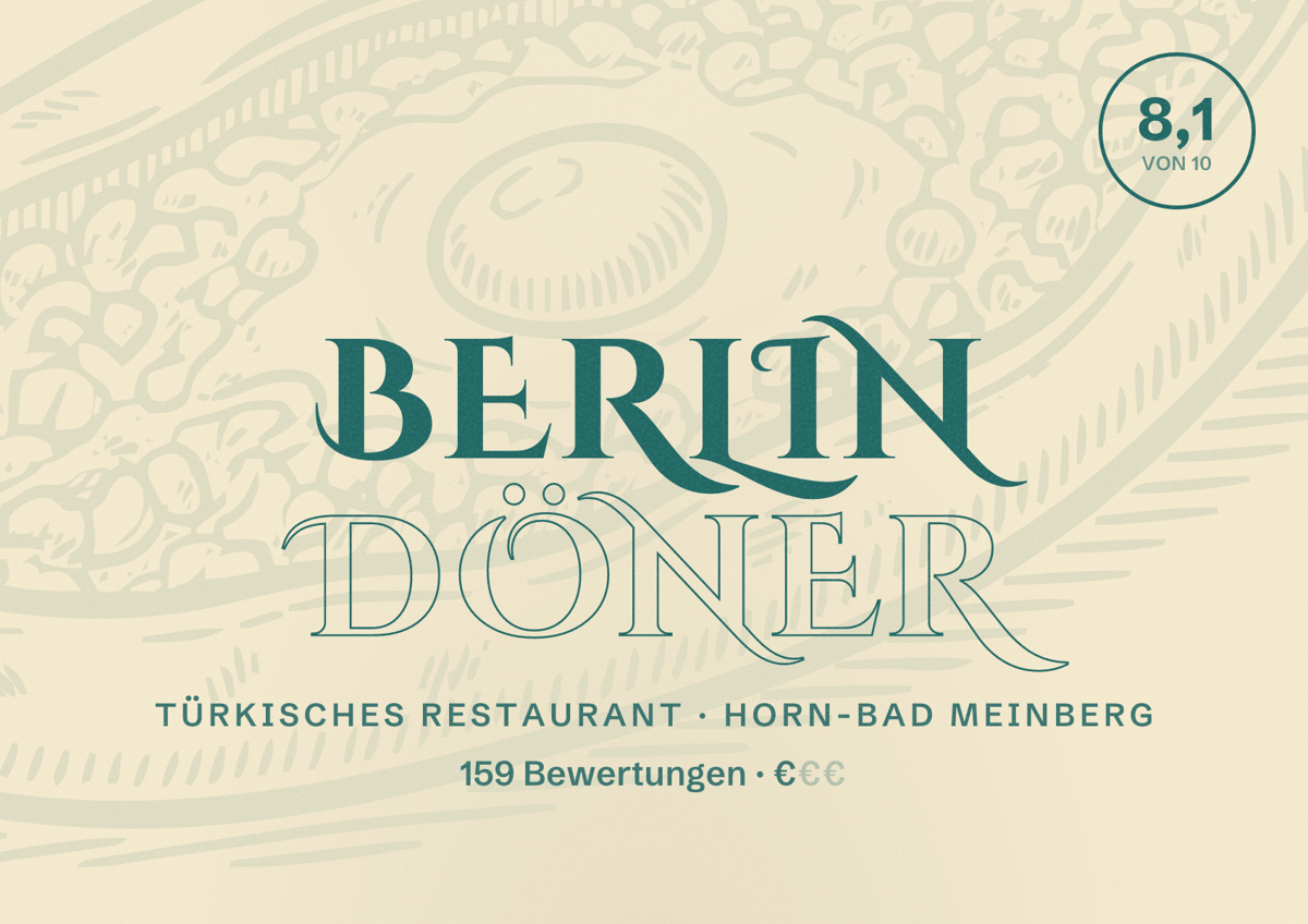 Illustriertes Poster von Berlin döner, Türkisches Restaurant in Horn-Bad Meinberg: Bewertung 8,1 von 10 aus 159 Bewertungen, Preisniveau €