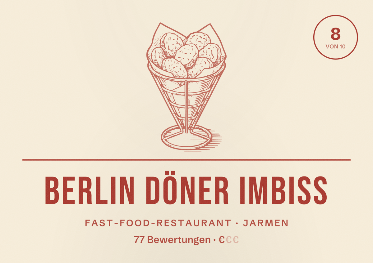 Illustriertes Poster von Berlin Döner Imbiss, Fast-Food-Restaurant in Jarmen: Bewertung 8 von 10 aus 77 Bewertungen, Preisniveau €