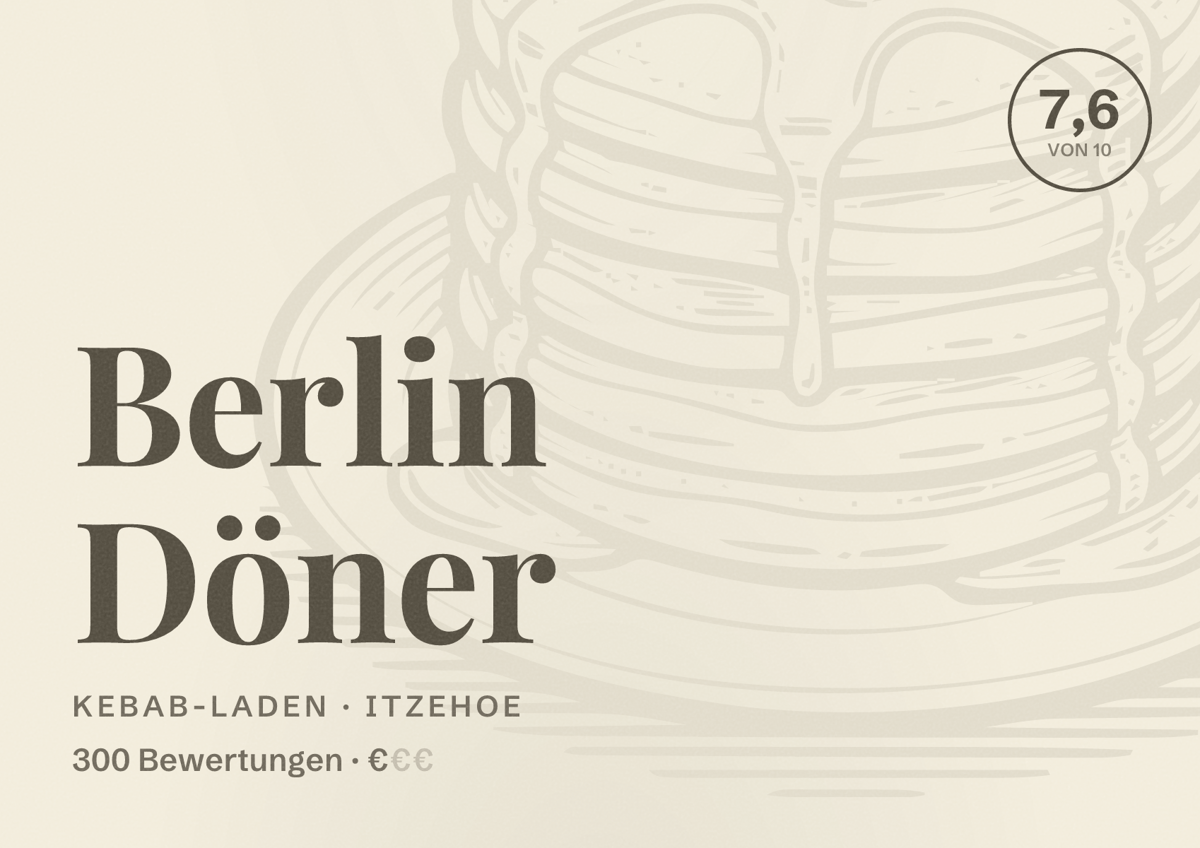 Illustriertes Poster von Berlin Döner, Kebab-Laden in Itzehoe: Bewertung 7,6 von 10 aus 300 Bewertungen, Preisniveau €