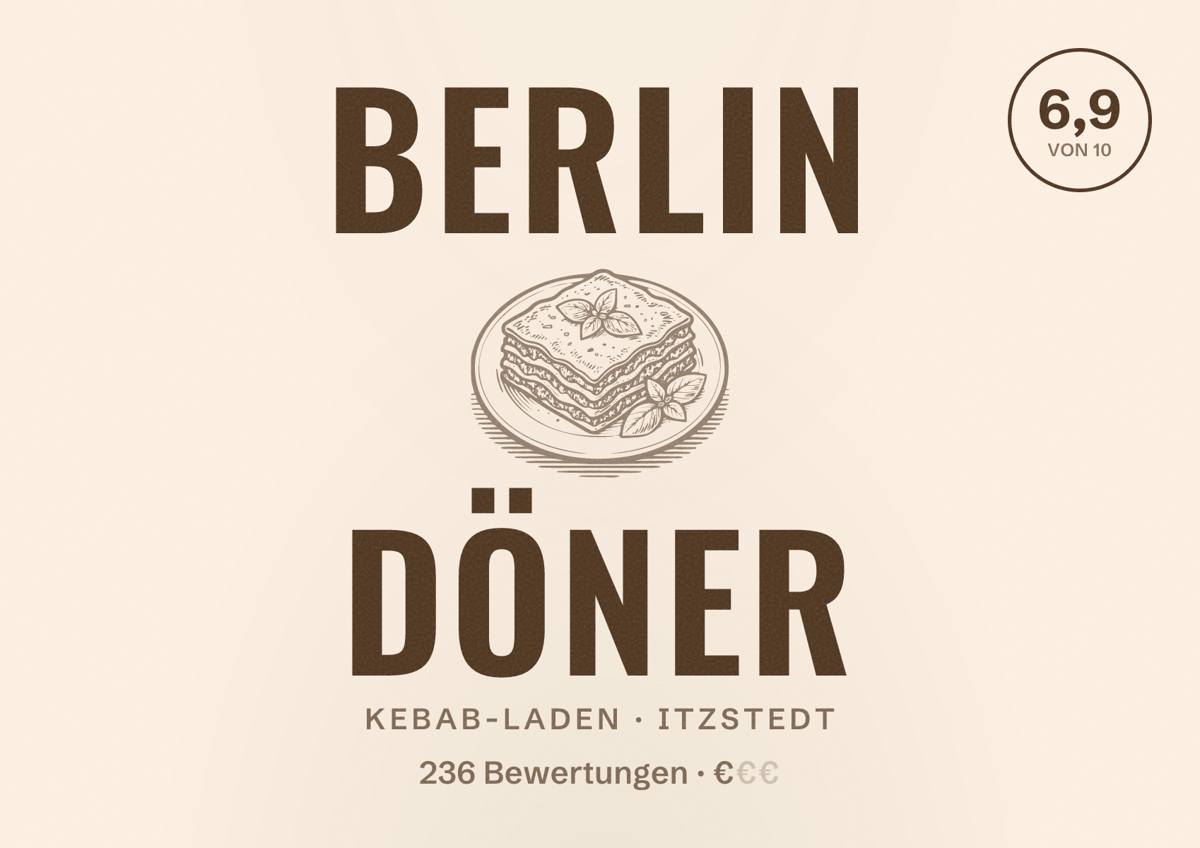 Illustriertes Poster von Berlin Döner, Kebab-Laden in Itzstedt: Bewertung 6,9 von 10 aus 236 Bewertungen, Preisniveau €