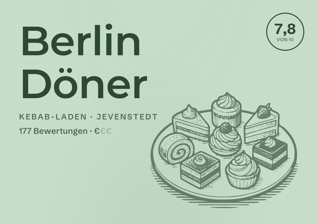 Illustriertes Poster von Berlin Döner, Kebab-Laden in Jevenstedt: Bewertung 7,8 von 10 aus 177 Bewertungen, Preisniveau €