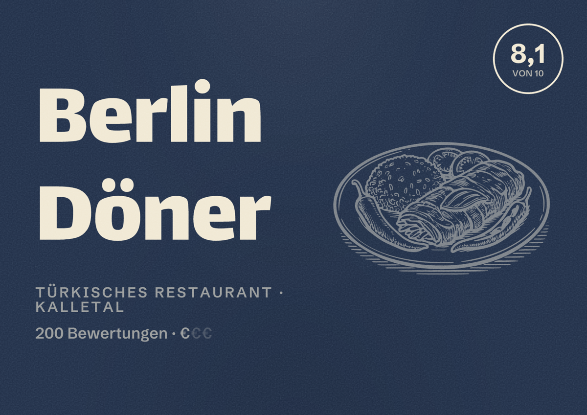 Illustriertes Poster von Berlin Döner, Türkisches Restaurant in Kalletal: Bewertung 8,1 von 10 aus 200 Bewertungen, Preisniveau €