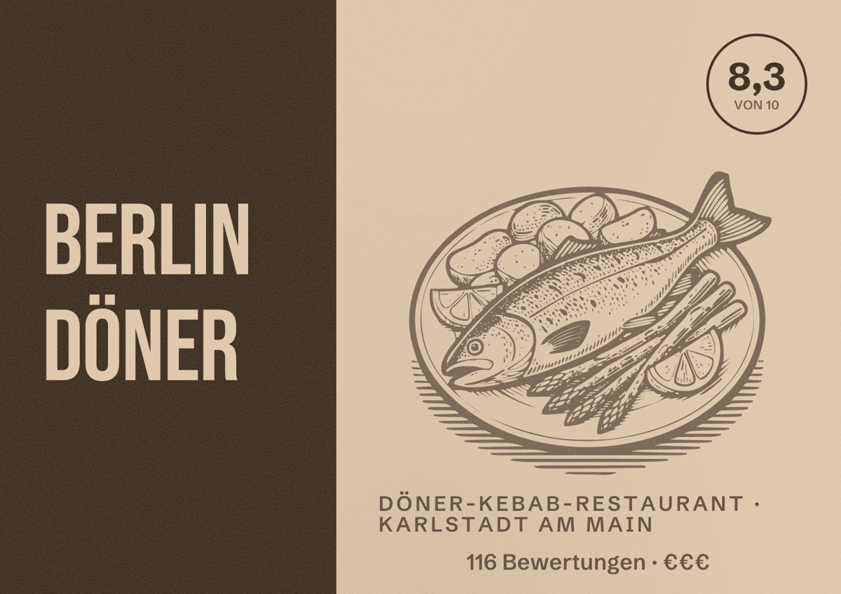 Illustriertes Poster von Berlin Döner, Döner-Kebab-Restaurant in Karlstadt am Main: Bewertung 8,3 von 10 aus 116 Bewertungen, Preisniveau €€€