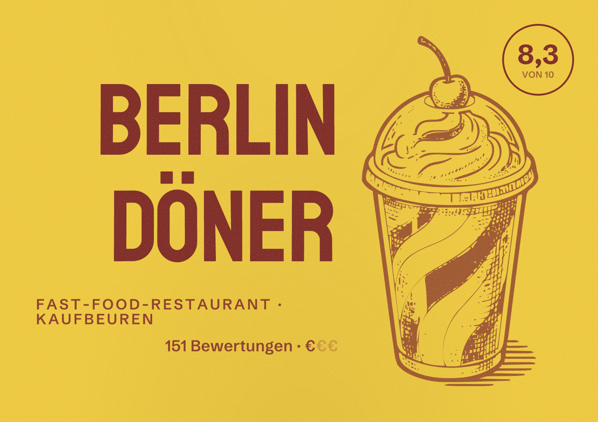 Illustriertes Poster von Berlin Döner, Fast-Food-Restaurant in Kaufbeuren: Bewertung 8,3 von 10 aus 151 Bewertungen, Preisniveau €