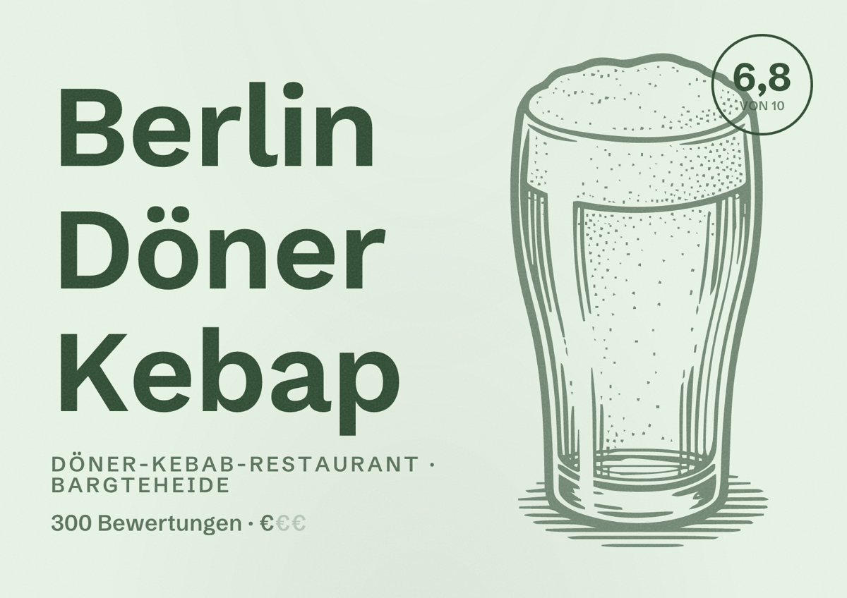 Illustriertes Poster von Berlin Döner Kebap, Döner-Kebab-Restaurant in Bargteheide: Bewertung 6,8 von 10 aus 300 Bewertungen, Preisniveau €