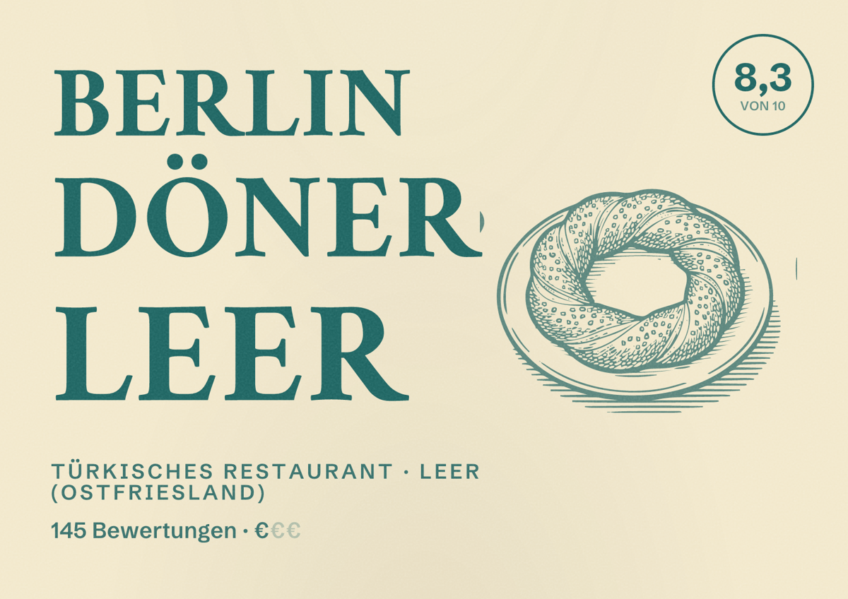 Illustriertes Poster von Berlin Döner Leer, Türkisches Restaurant in Leer (Ostfriesland): Bewertung 8,3 von 10 aus 145 Bewertungen, Preisniveau €