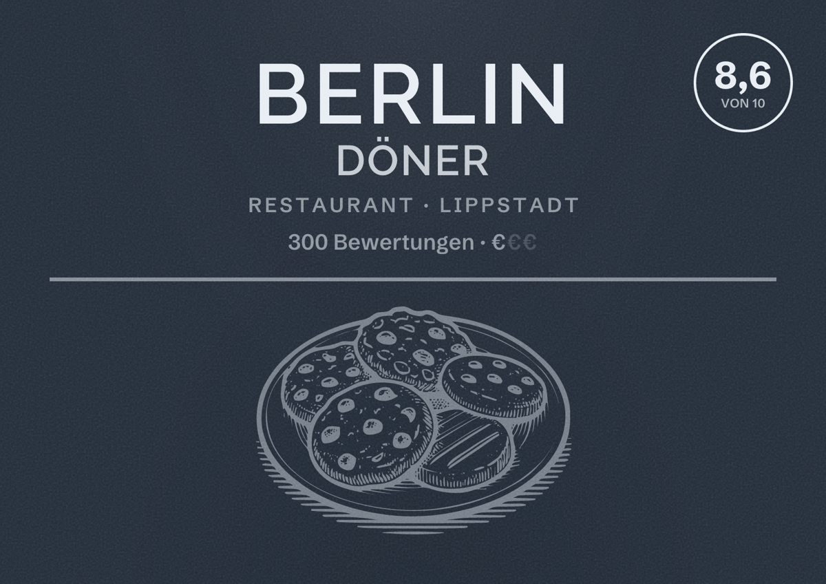 Illustriertes Poster von Berlin Döner, Restaurant in Lippstadt: Bewertung 8,6 von 10 aus 300 Bewertungen, Preisniveau €