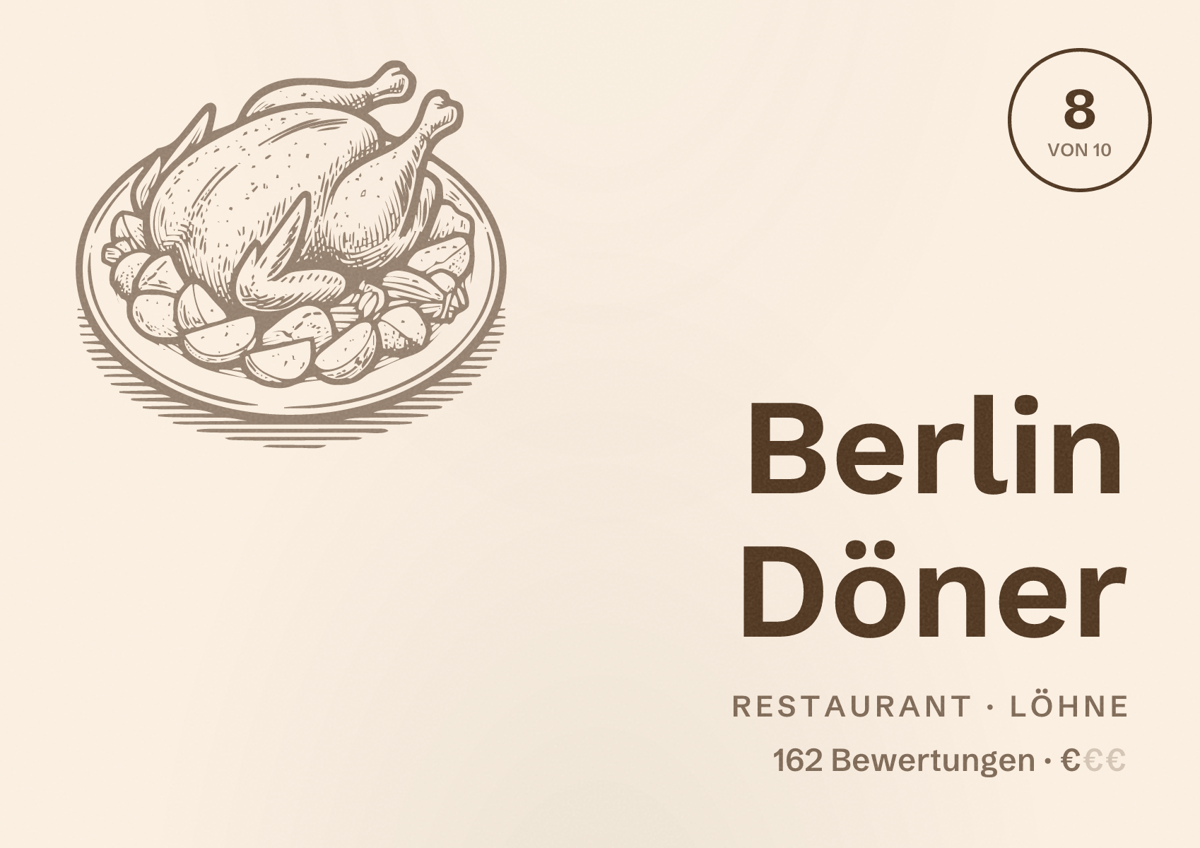 Illustriertes Poster von Berlin Döner, Restaurant in Löhne: Bewertung 8 von 10 aus 162 Bewertungen, Preisniveau €