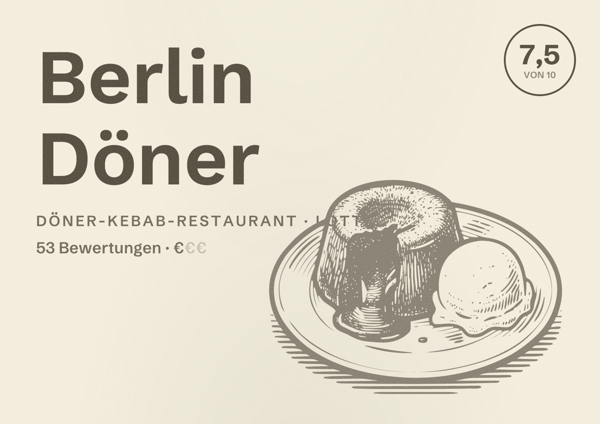 Illustriertes Poster von Berlin Döner, Döner-Kebab-Restaurant in Lotte: Bewertung 7,5 von 10 aus 53 Bewertungen, Preisniveau €