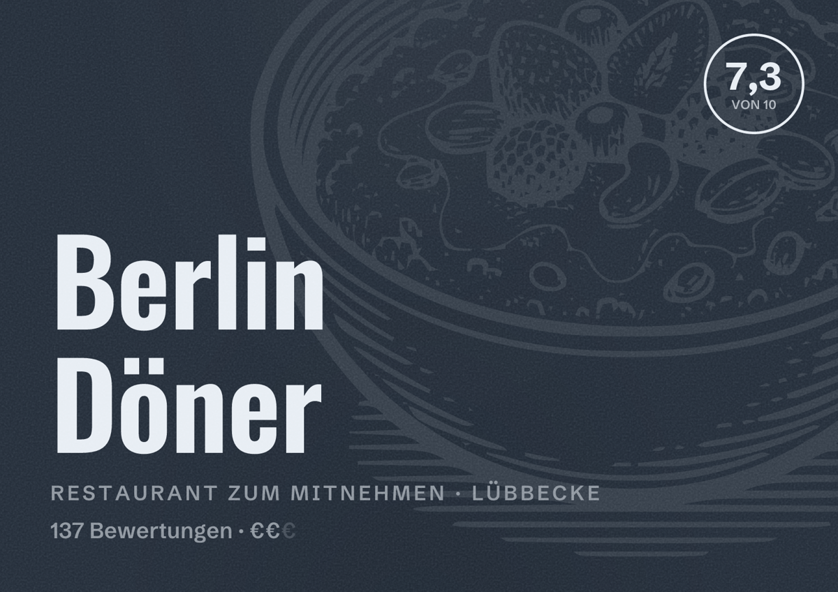 Illustriertes Poster von Berlin Döner, Restaurant zum Mitnehmen in Lübbecke: Bewertung 7,3 von 10 aus 137 Bewertungen, Preisniveau €€
