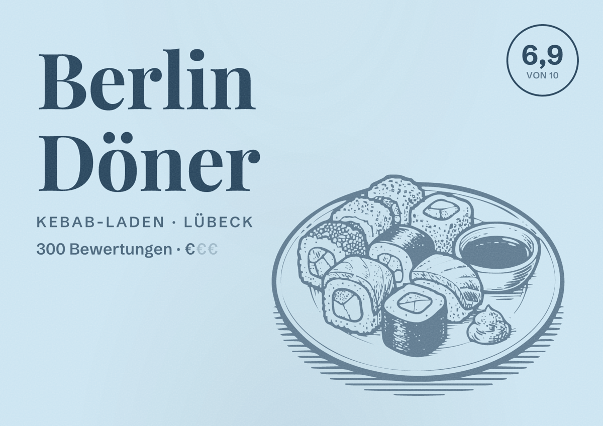 Illustriertes Poster von Berlin Döner, Kebab-Laden in Lübeck: Bewertung 6,9 von 10 aus 300 Bewertungen, Preisniveau €