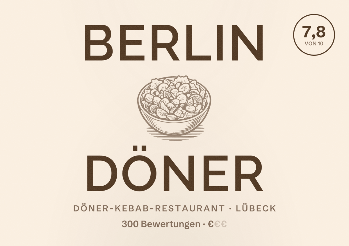 Illustriertes Poster von Berlin Döner, Döner-Kebab-Restaurant in Lübeck: Bewertung 7,8 von 10 aus 300 Bewertungen, Preisniveau €