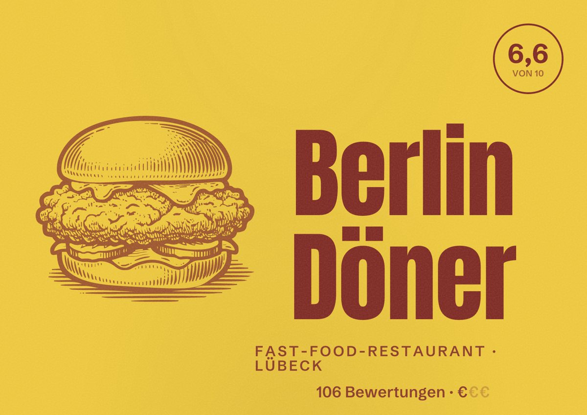 Illustriertes Poster von Berlin Döner, Fast-Food-Restaurant in Lübeck: Bewertung 6,6 von 10 aus 106 Bewertungen, Preisniveau €