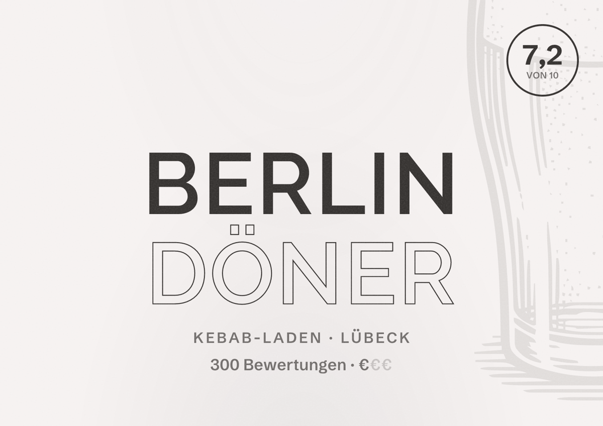 Illustriertes Poster von Berlin Döner, Kebab-Laden in Lübeck: Bewertung 7,2 von 10 aus 300 Bewertungen, Preisniveau €