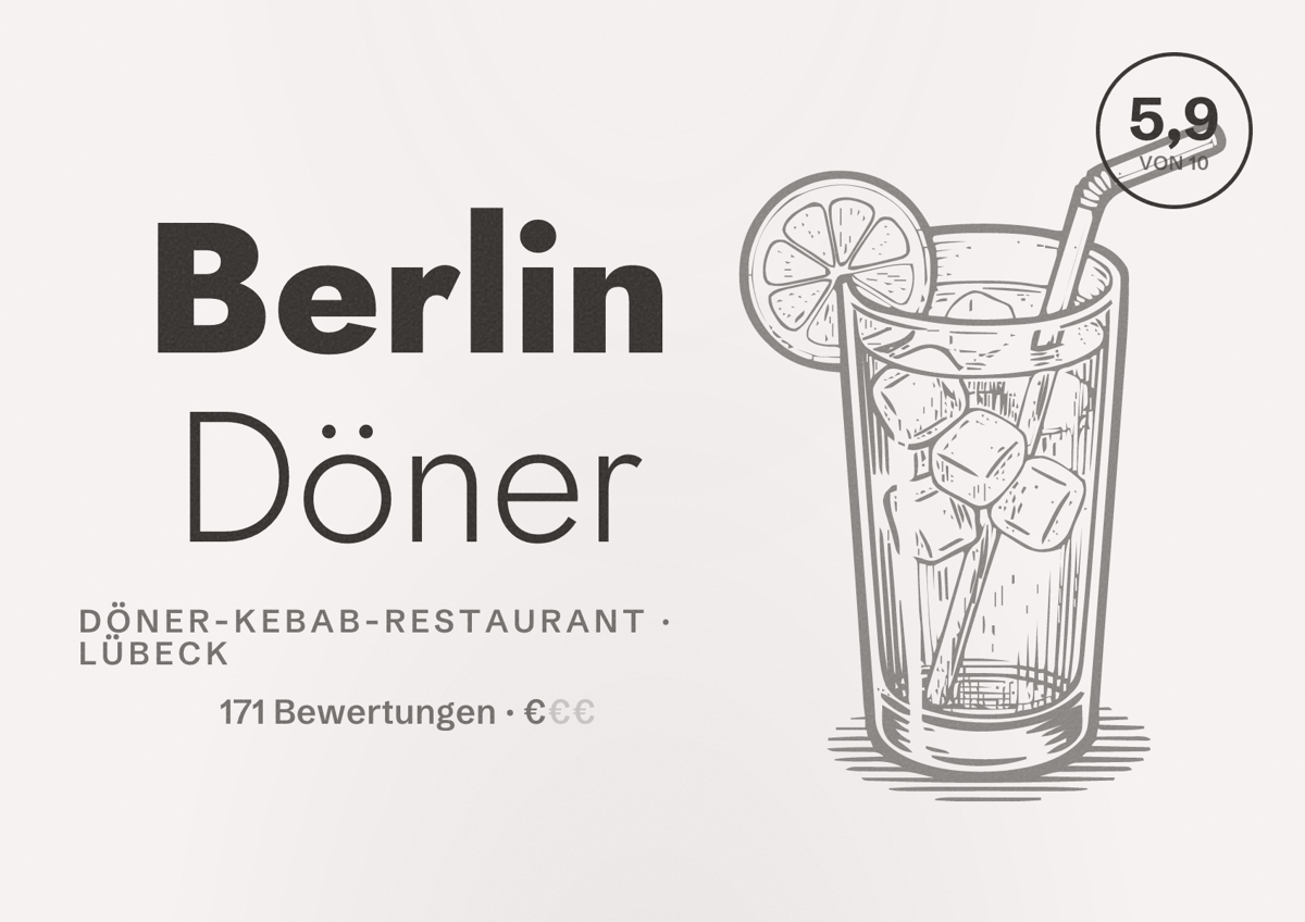 Illustriertes Poster von Berlin Döner, Döner-Kebab-Restaurant in Lübeck: Bewertung 5,9 von 10 aus 171 Bewertungen, Preisniveau €