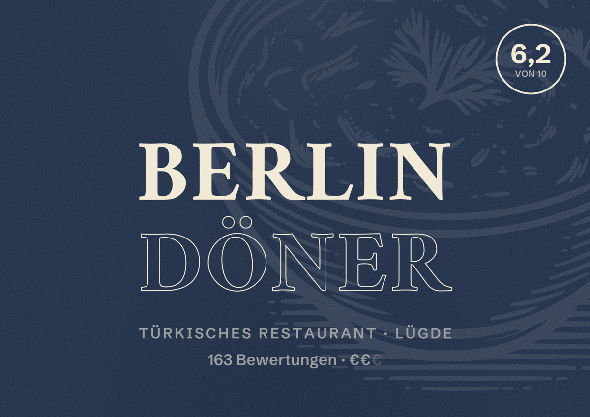 Illustriertes Poster von Berlin Döner, Türkisches Restaurant in Lügde: Bewertung 6,2 von 10 aus 163 Bewertungen, Preisniveau €€