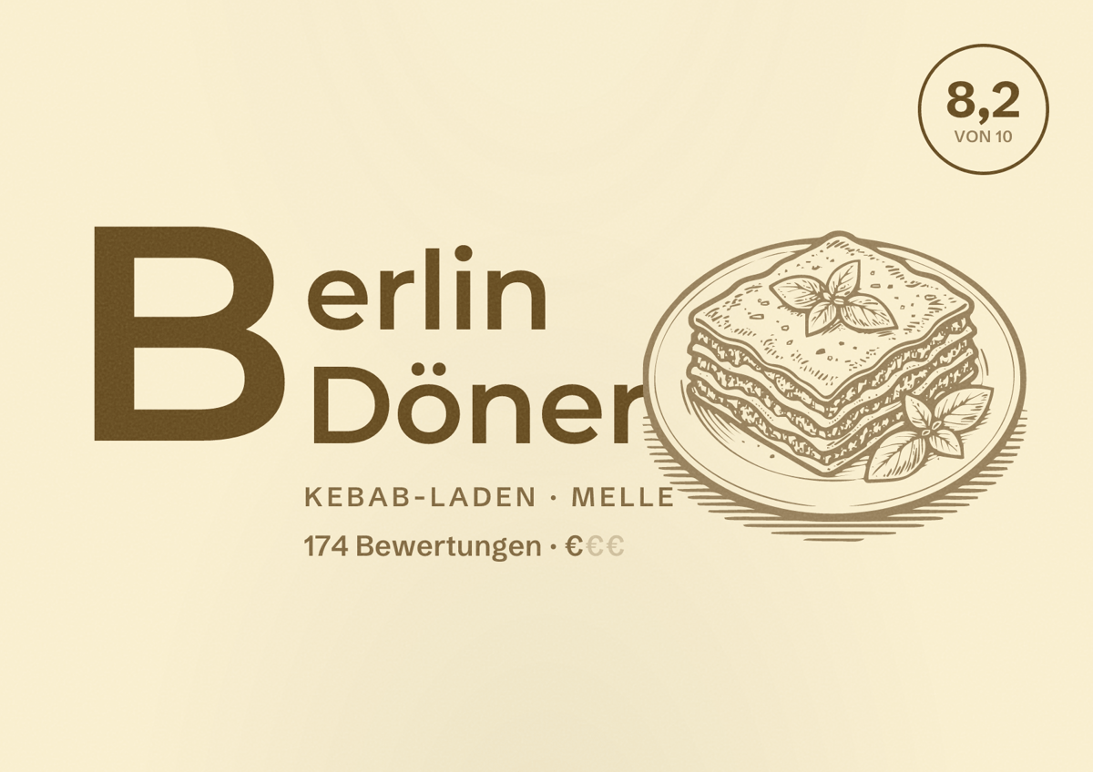 Illustriertes Poster von Berlin Döner, Kebab-Laden in Melle: Bewertung 8,2 von 10 aus 174 Bewertungen, Preisniveau €