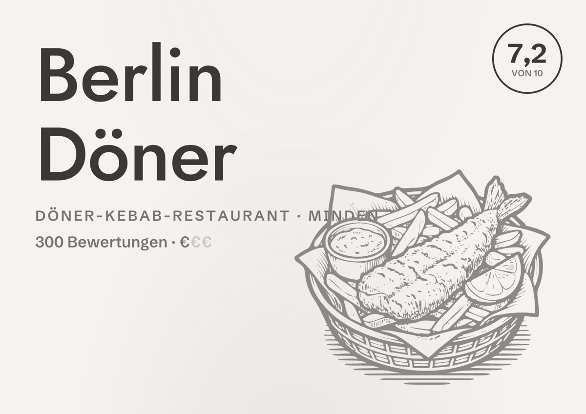 Illustriertes Poster von Berlin Döner, Döner-Kebab-Restaurant in Minden: Bewertung 7,2 von 10 aus 300 Bewertungen, Preisniveau €