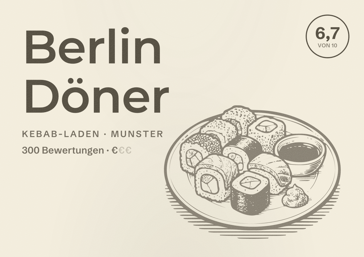 Illustriertes Poster von Berlin Döner, Kebab-Laden in Munster: Bewertung 6,7 von 10 aus 300 Bewertungen, Preisniveau €